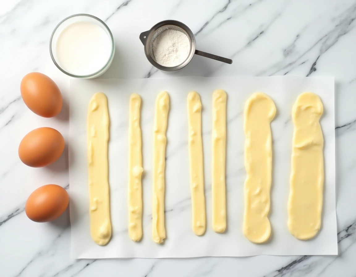 Ingrédients pour biscuits cuillère disposés en flat-lay sur un plan de travail en marbre blanc avec pâte crue pochée