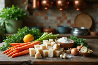 Ingrédients frais pour la blanquette de veau disposés sur un plan de travail en bois rustique