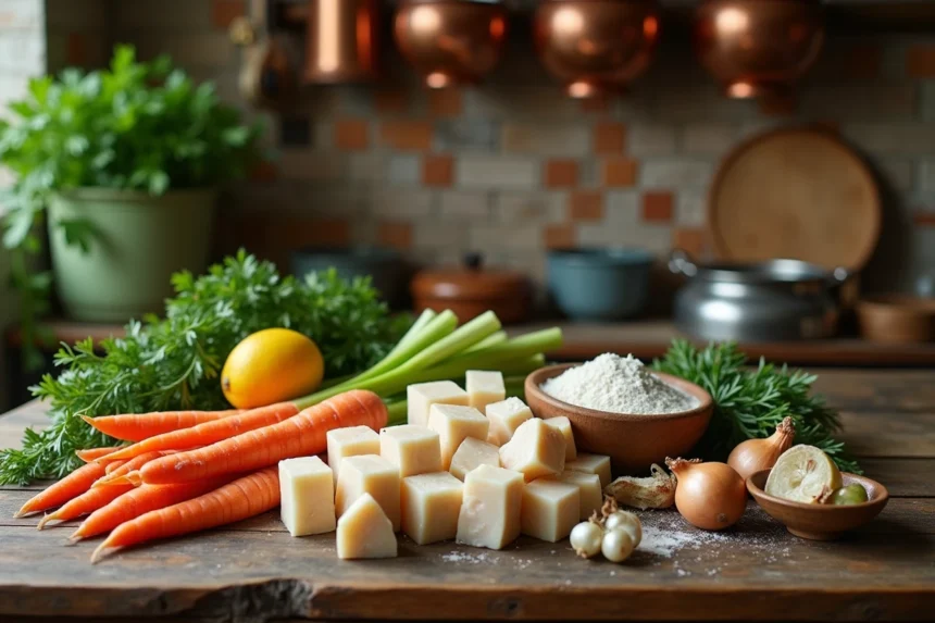 Ingrédients frais pour la blanquette de veau disposés sur un plan de travail en bois rustique