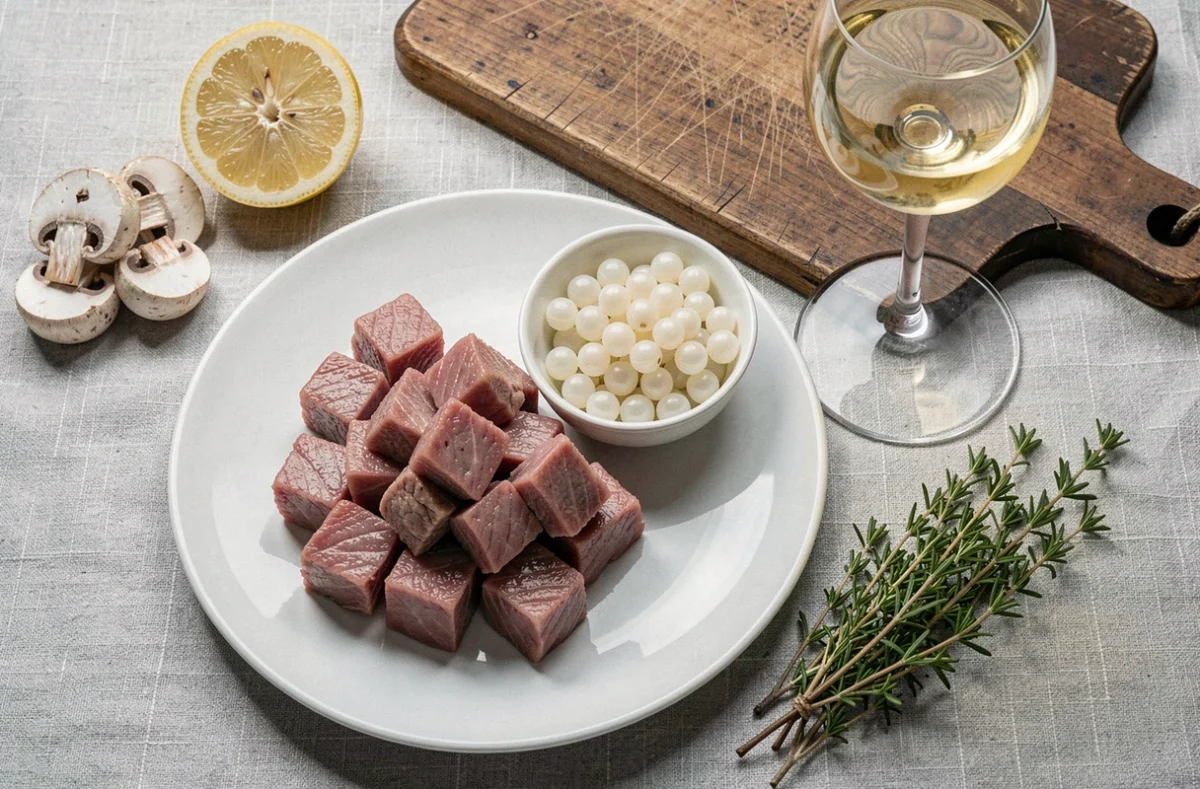 Ingrédients frais pour une blanquette de veau rapide pour deux personnes, disposés en flat lay sur une nappe en lin gris clair