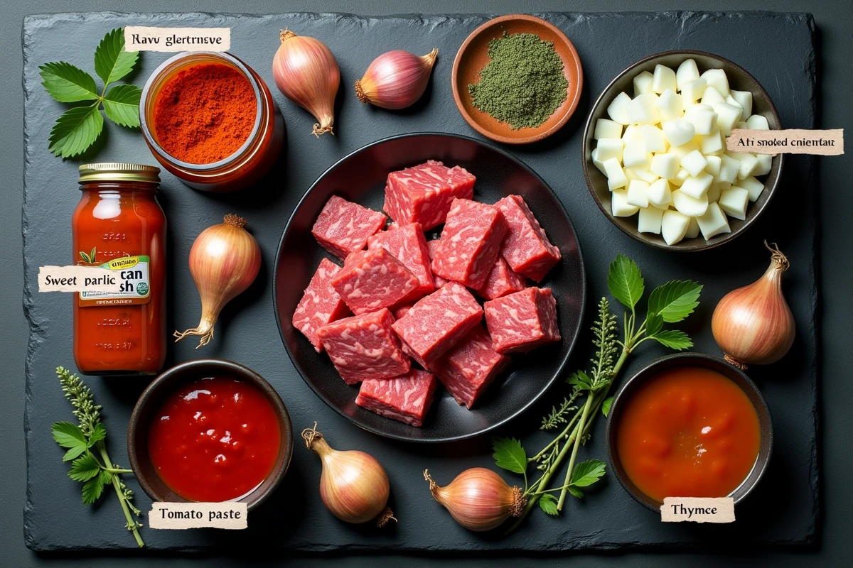 Ingrédients sans gluten pour préparer un goulash hongrois disposés sur ardoise avec étiquettes manuscrites