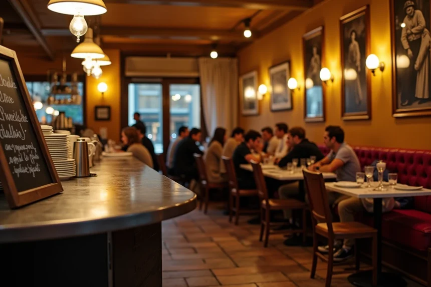 Intérieur animé d'un bistrot parisien classique le samedi soir avec comptoir en zinc et tables occupées