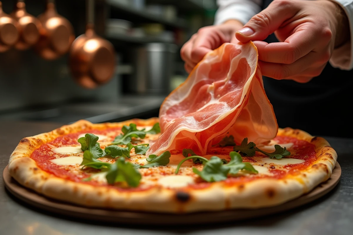 Tranches fines de jambon cru ajoutées à la main sur une pizza chaude après cuisson