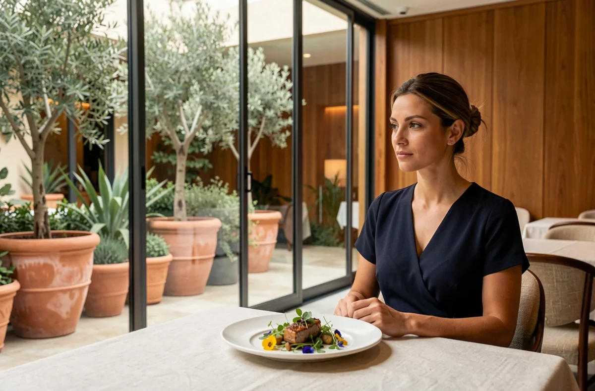 Intérieur contemporain du Jardin des Sens à Montpellier avec vue sur le jardin et assiette gastronomique raffinée