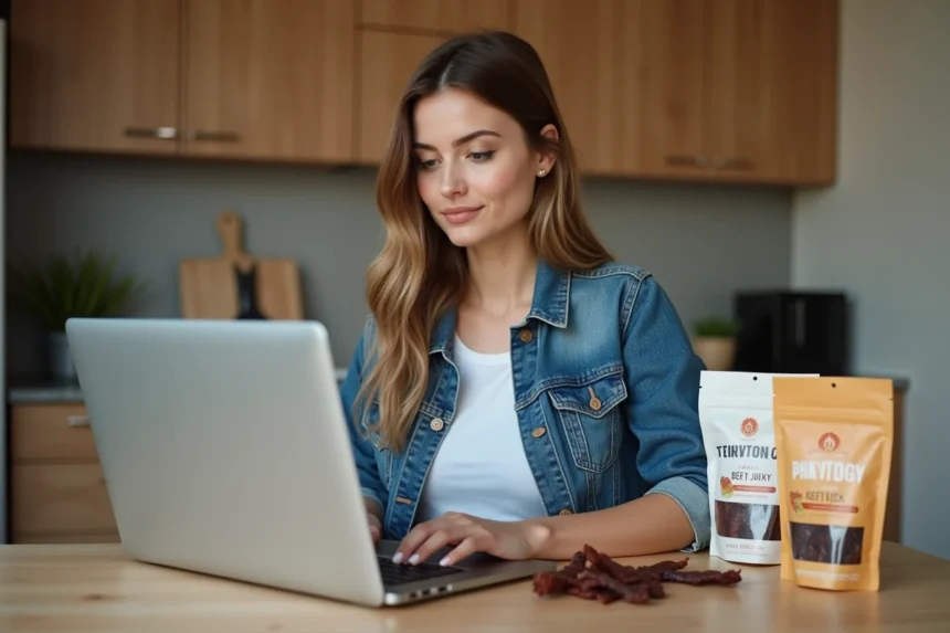 Jeune femme en cuisine avec jerky artisanal sur la table