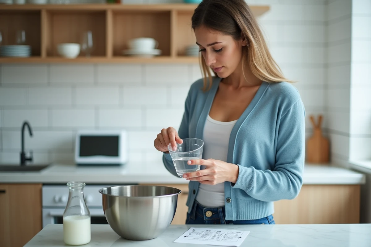 Jeune femme verse de l'eau dans un bol en cuisine moderne