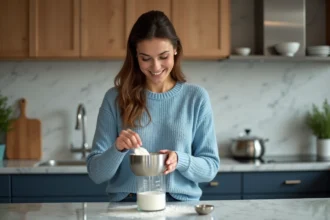 Jeune femme verse du farine dans un verre mesureur en cuisine
