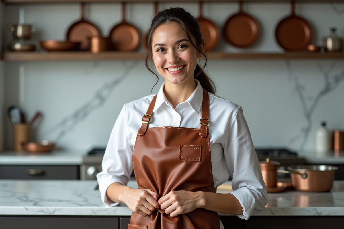 Jeune femme chef ajustant un tablier en cuir dans la cuisine