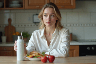 Jeune femme pensant avec boisson energisante dans la cuisine
