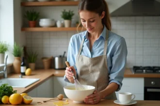 Jeune femme en cuisine préparant mayonnaise maison
