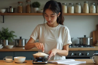 Jeune femme mesurant du riz dans une cuisine moderne