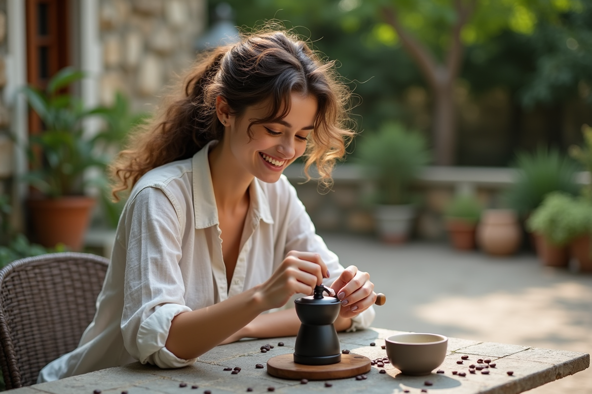 Jeune femme utilisant un moulin à café en extérieur dans un jardin
