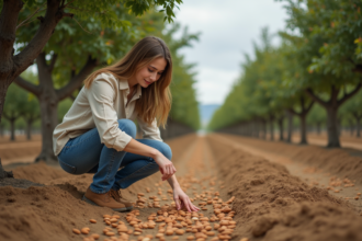 Jeune femme dans un verger d'amandiers verts