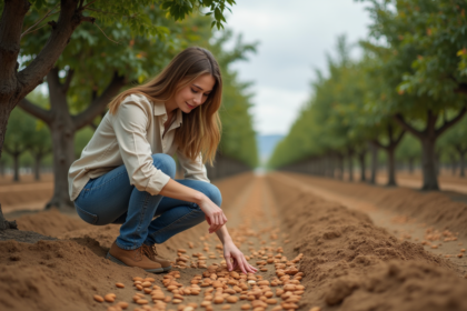 Jeune femme dans un verger d'amandiers verts