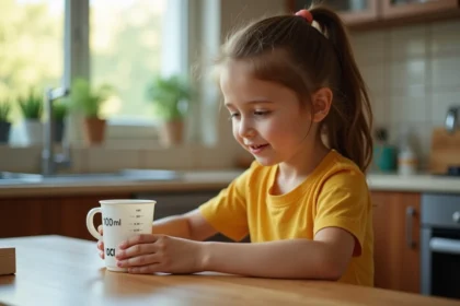 Jeune fille de 8 ans mesure avec un verre doseur en cuisine