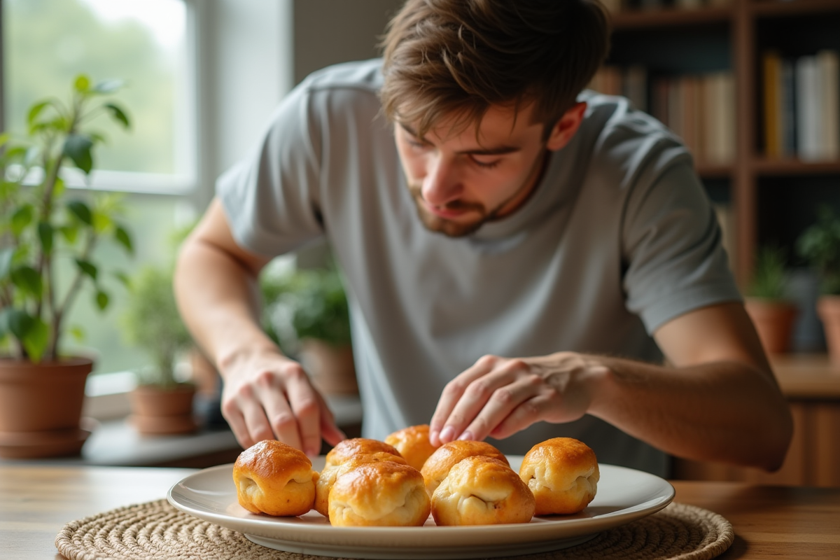 Jeune homme posant des batbouts sur une assiette dans la salle à manger