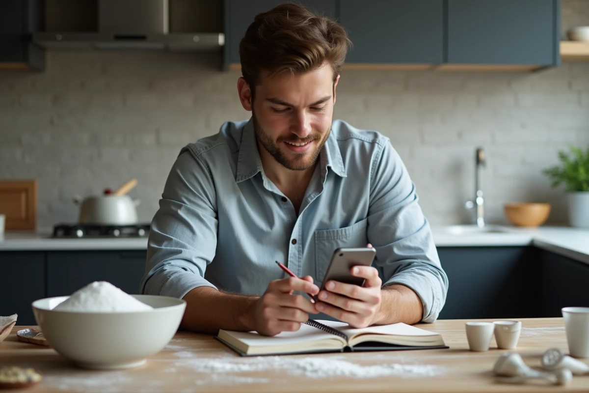 Jeune homme calculant des conversions d ingrédients en cuisine