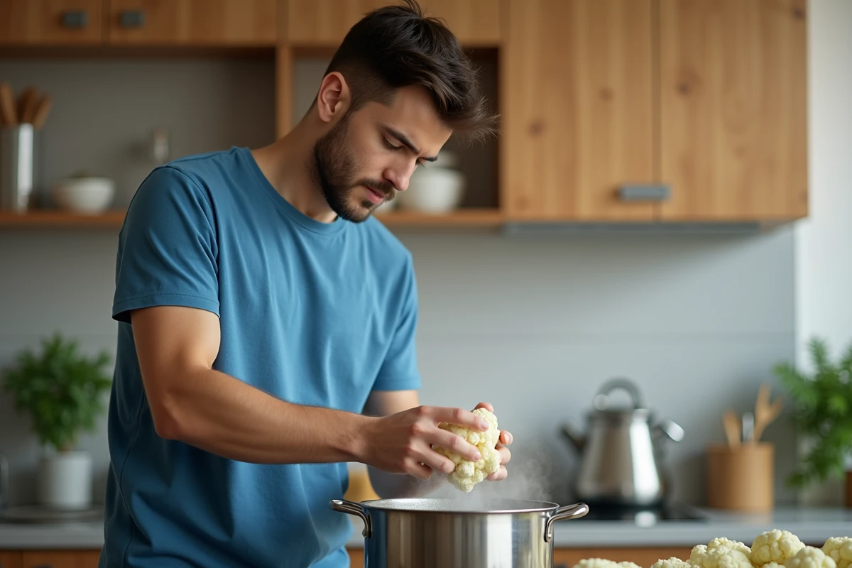 Jeune homme versant du chou-fleur dans une casserole sur la cuisiniere