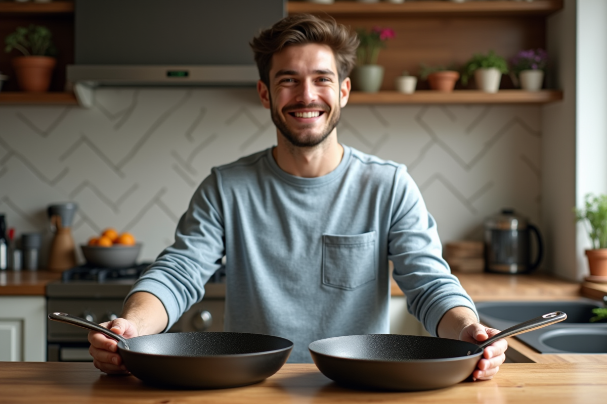 Jeune homme présentant un ensemble de céramique et une poêle antiadhésive