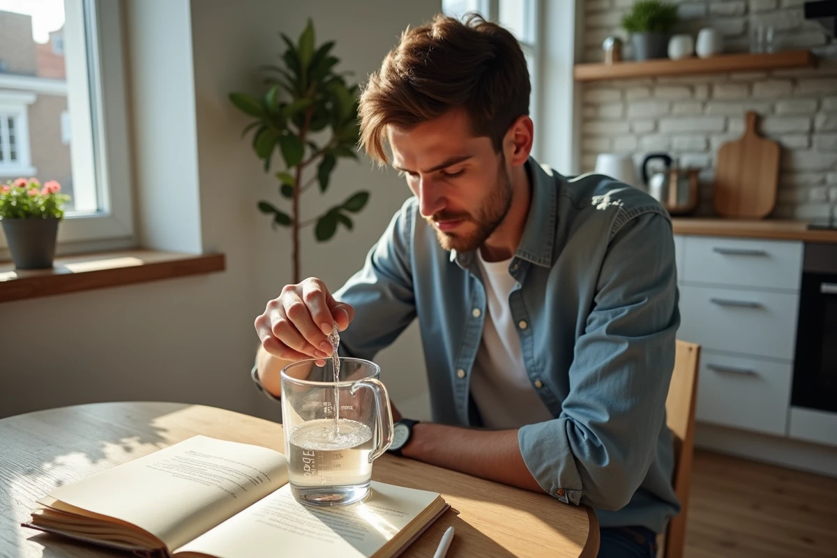 Jeune homme verse eau dans un becher en cuisine urbaine