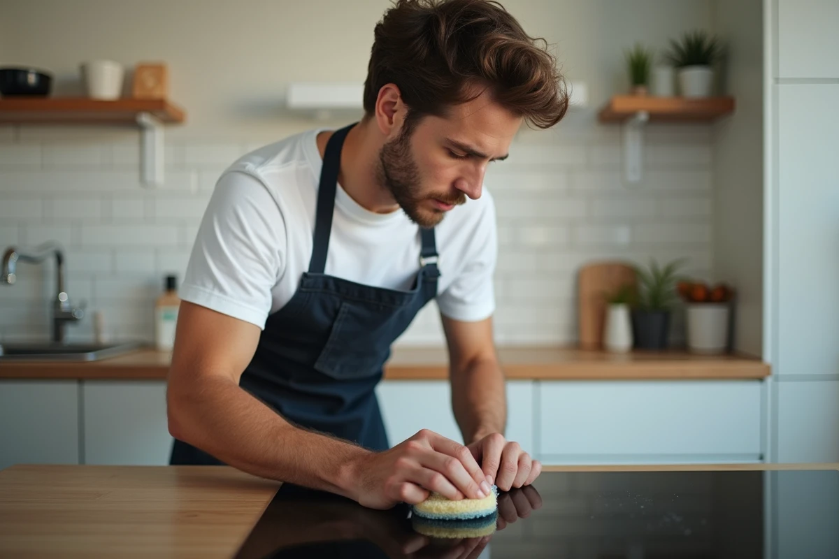 Jeune homme inspectant une plaque de cuisson brûlée