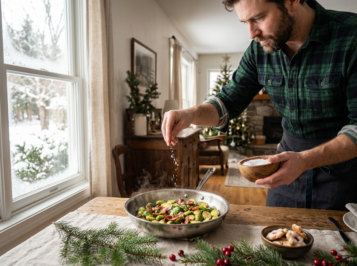 Jeune homme garnissant des Brussels sprouts dans une ambiance festive