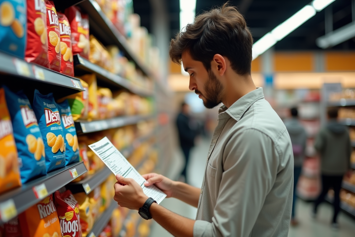 Jeune homme étudiant étiquettes de chips en supermarche