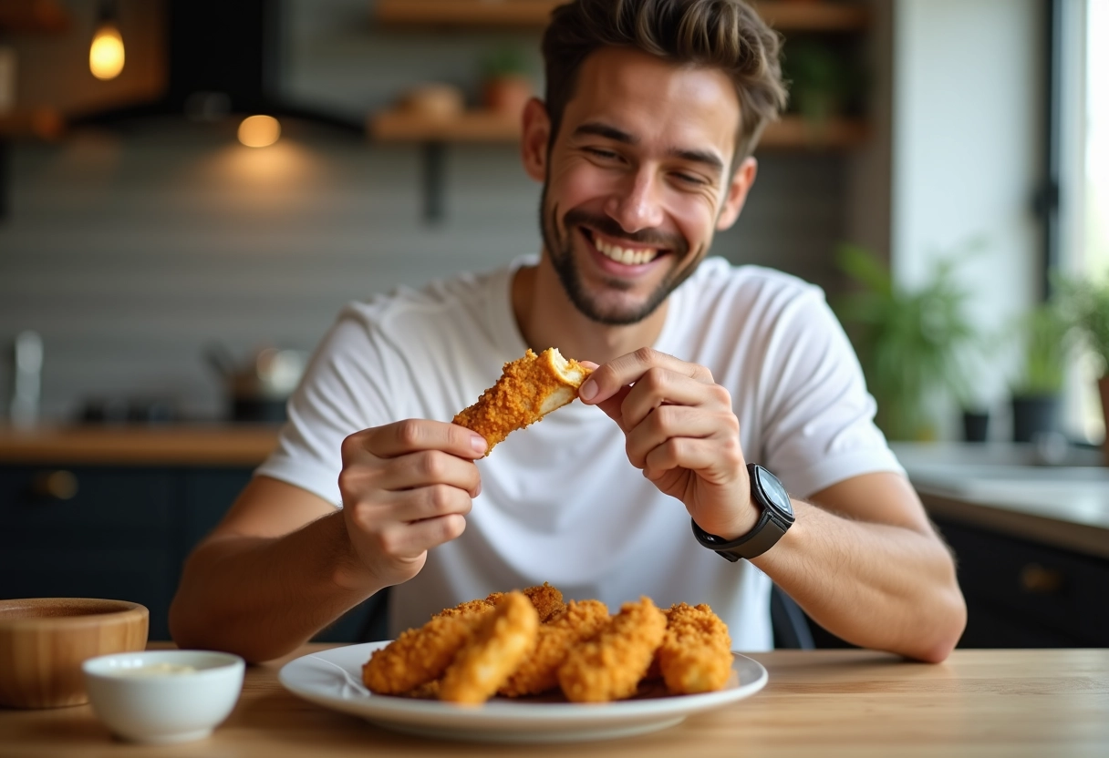 Jeune homme dégustant un tender de poulet