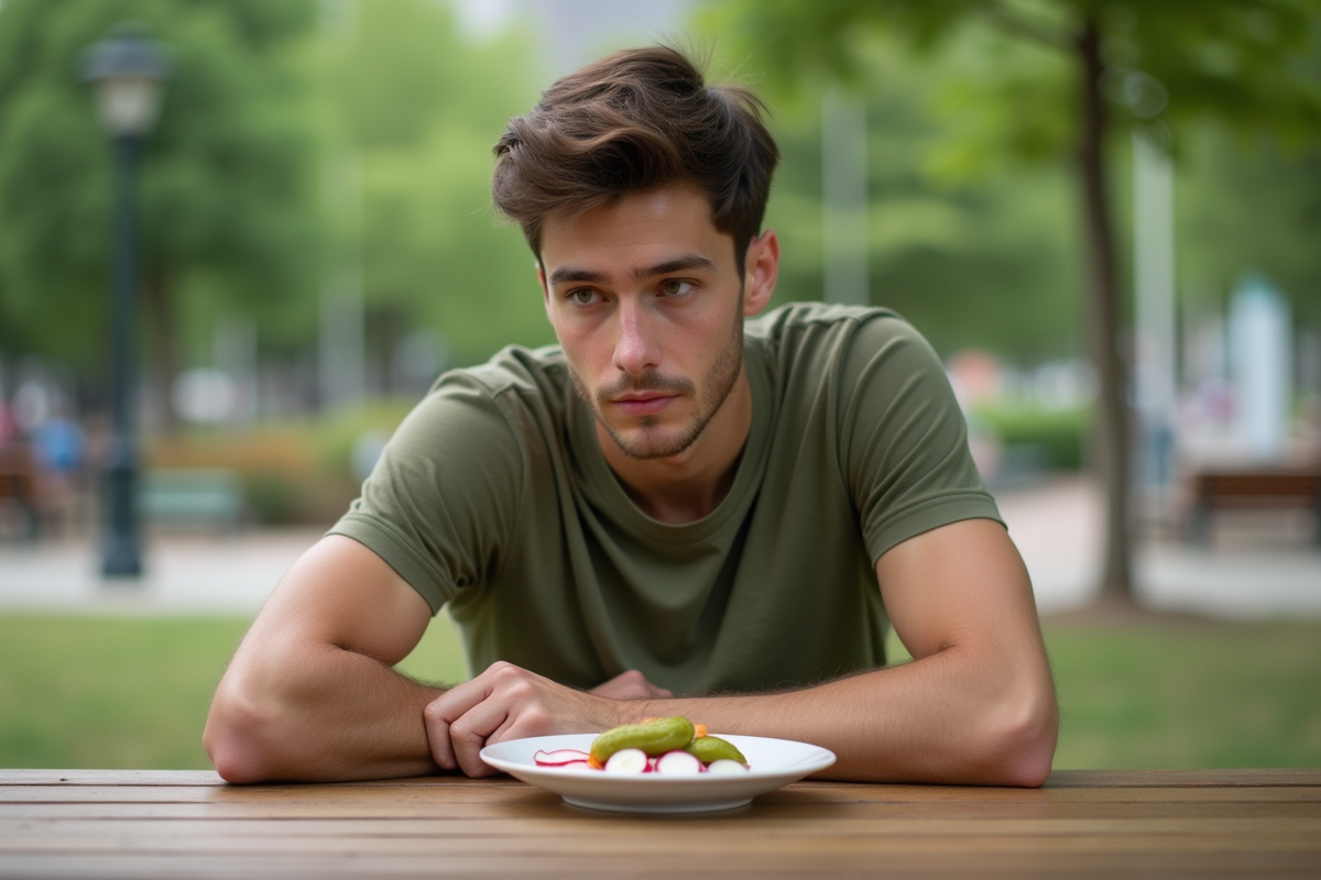 Jeune homme dans un parc avec radis et pickles