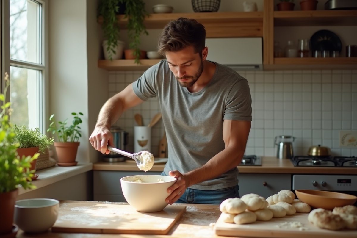 Jeune homme récupère la pâte dans un robot en cuisine
