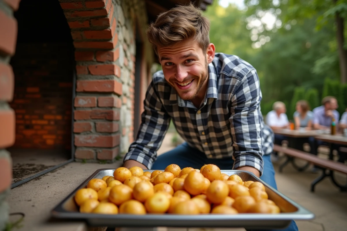 Jeune homme inspectant des pommes de terre rôties dans un four en plein air