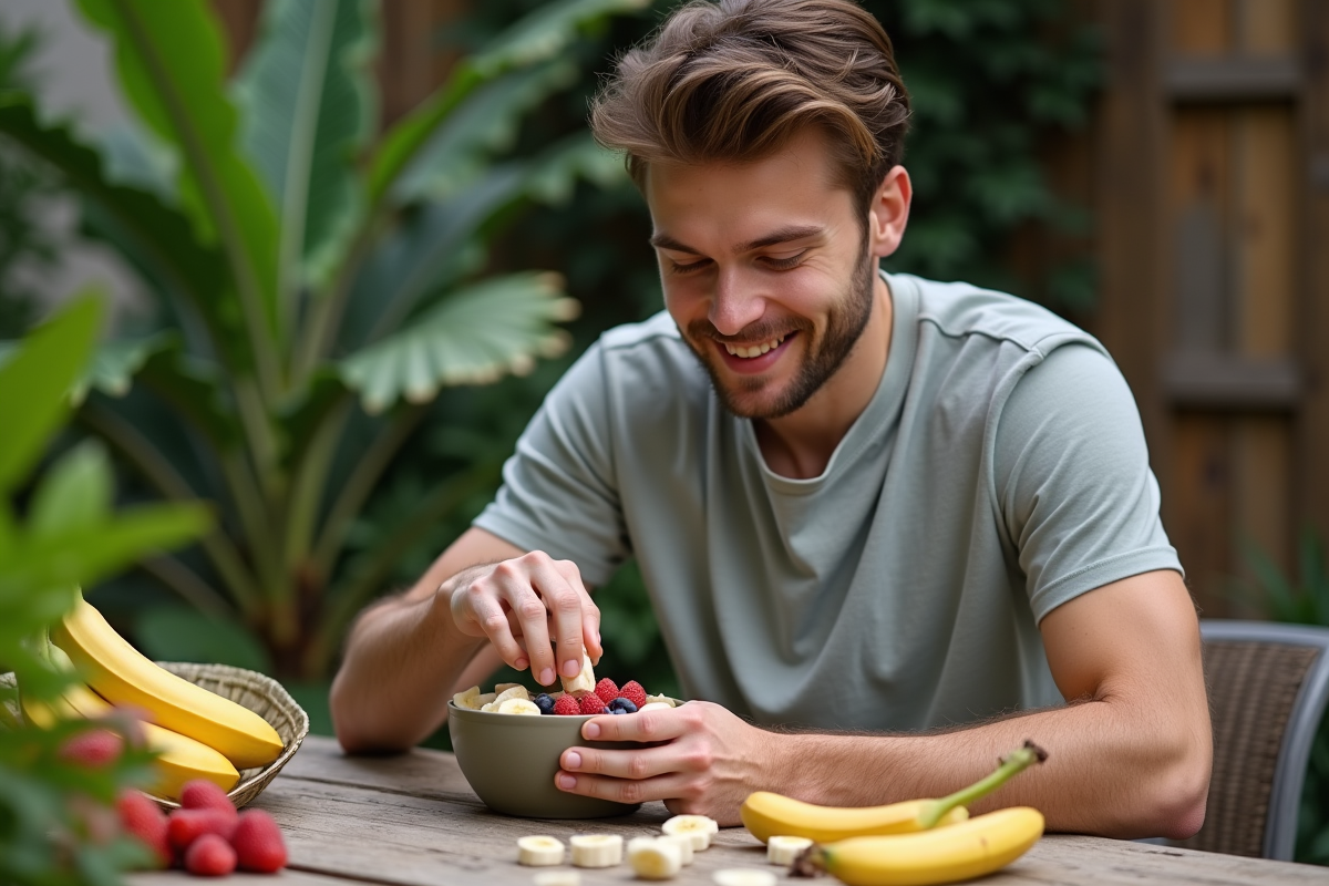 Jeune homme préparant un bol de smoothie à la banane en extérieur