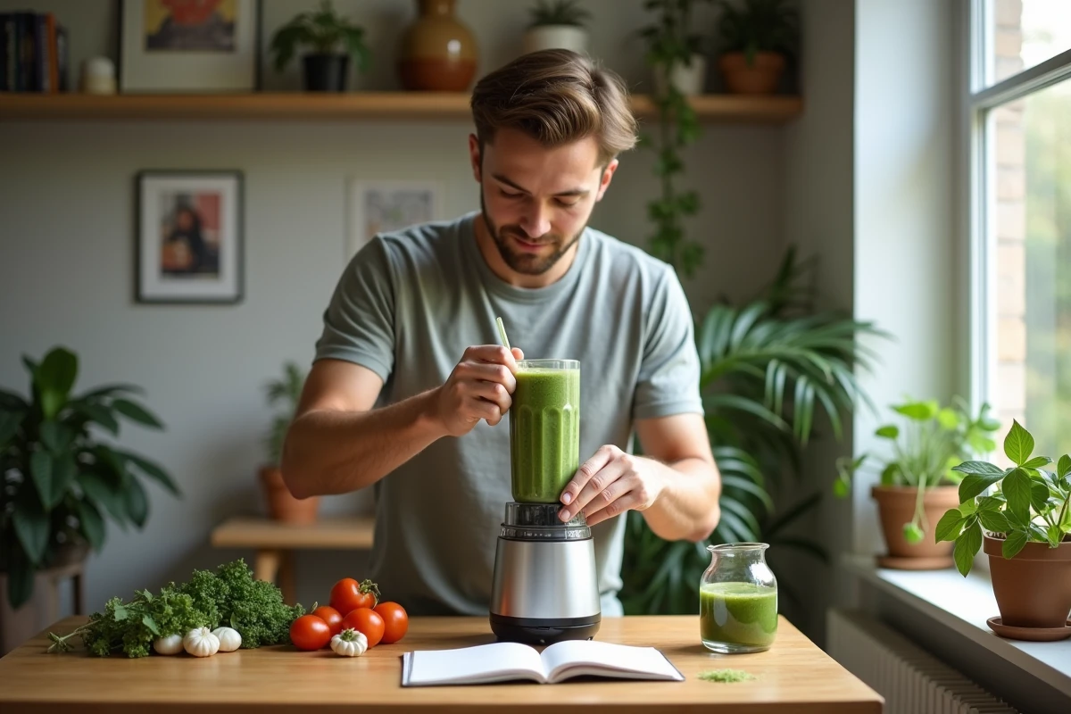 Jeune homme préparant un smoothie vert avec un blender dans un appartement lumineux