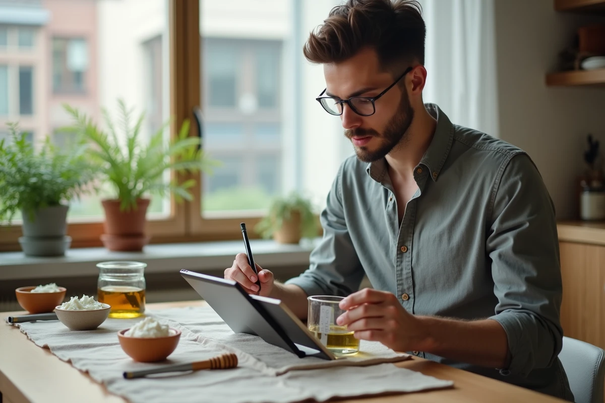 Jeune homme lit une fiche de conversion en cuisine moderne