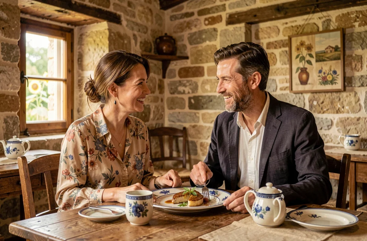 Couple dînant dans la salle en pierre de L'Intemporel à Cuzance, avec vaisselle artisanale et décor de ferme médiévale restaurée