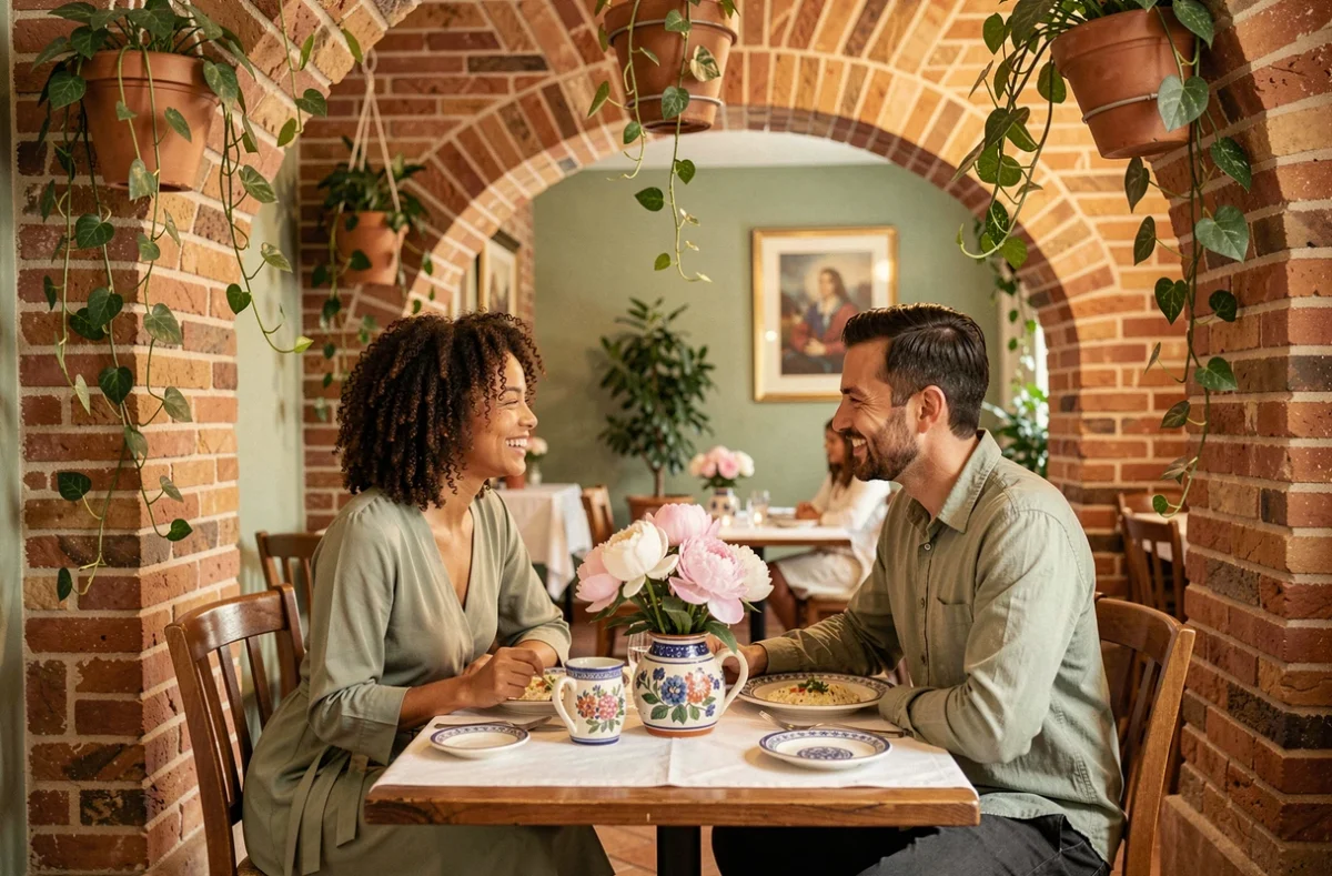 Intérieur de L'Ortensia à Béziers avec décor en briques et céramiques peintes, couple partageant un moment de complicité