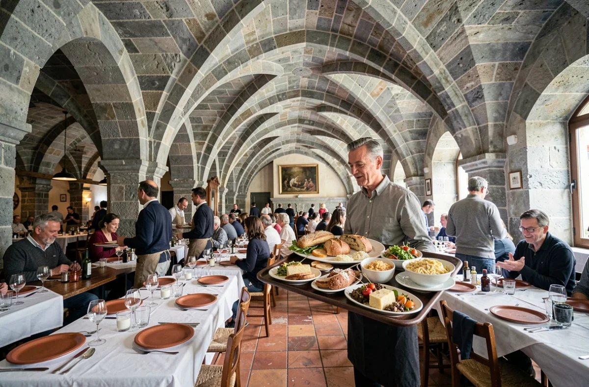 Voûtes en pierre et carrelage en terre cuite de La Meunière à Lyon avec service animé et plats traditionnels lyonnais sur grandes tables communes