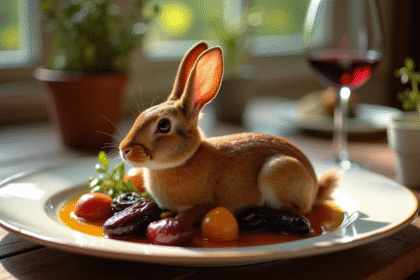 Plat de lapin aux prunes présenté sur une table en bois