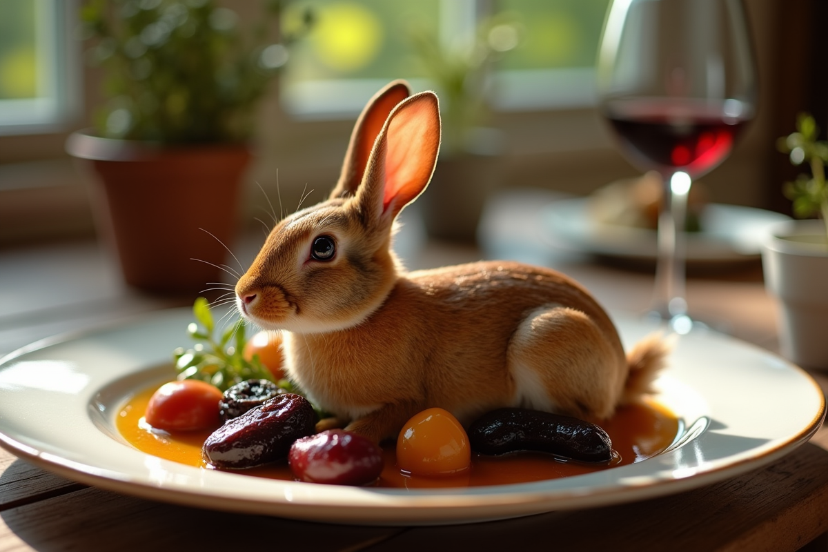 Plat de lapin aux prunes présenté sur une table en bois