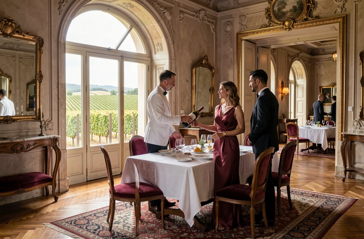 Salle du restaurant Le 1669 au Château de Siran avec service de sommelier et vue sur les vignes du Minervois