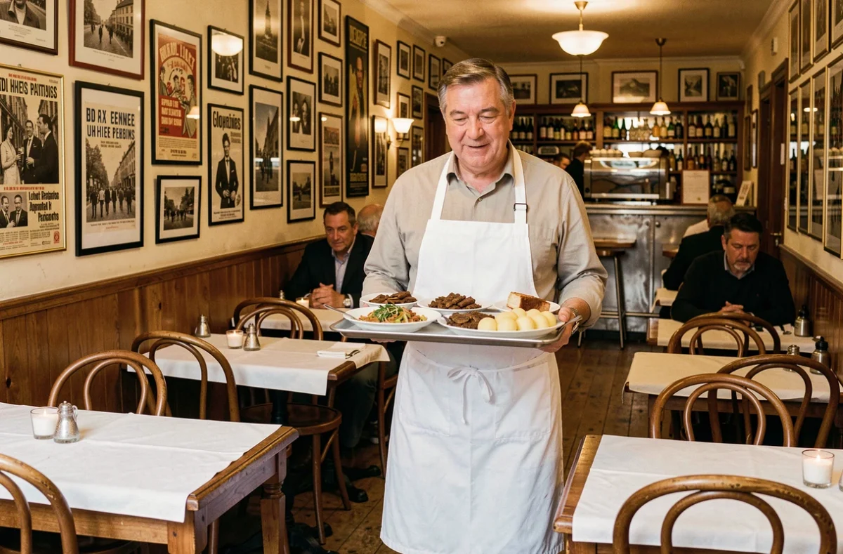 Salle animée du Garet à Lyon avec tables en bois serrées, nappes en papier et serveur en tablier blanc portant des plats lyonnais traditionnels