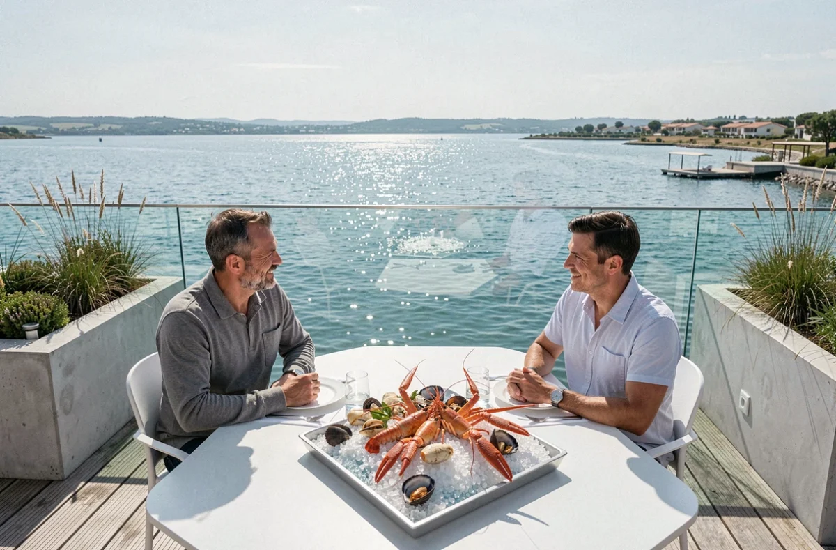 Terrasse moderne du Grand Large à Balaruc-les-Bains avec plateau de fruits de mer et vue panoramique sur l'Étang de Thau