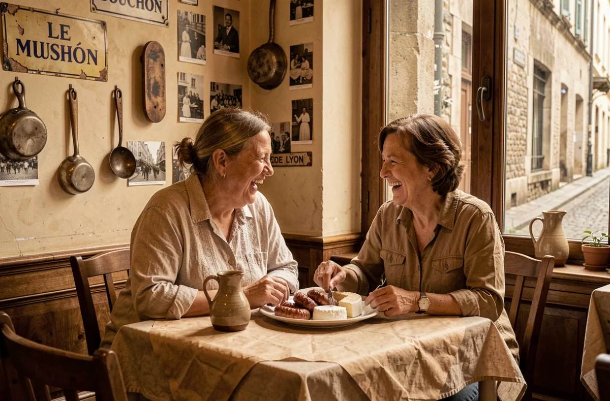 Salle nostalgique du Musée à Lyon ornée d'ustensiles anciens et de photos en sépia avec deux clientes partageant des spécialités lyonnaises
