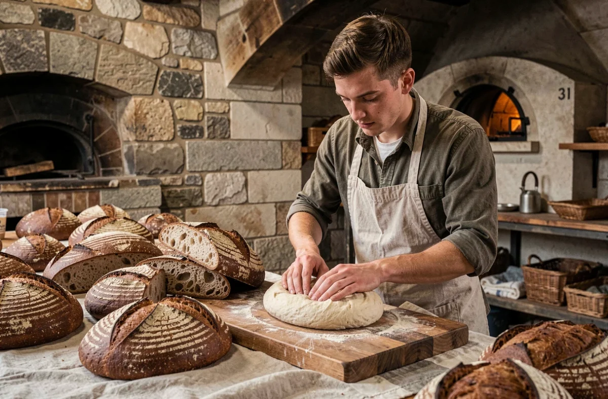 Boulanger du Pain Hélios à Arras incisant une pâte à pain au levain devant un four à bois