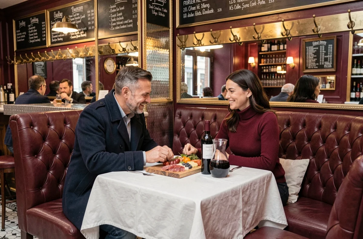 Couple attablé dans la brasserie parisienne Le Parisien à Toulouse avec banquettes en cuir bordeaux et décor zinc rétro
