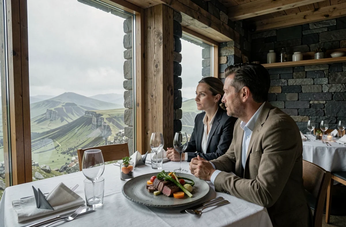 Salle du Suquet à Laguiole avec vue panoramique sur le plateau de l'Aubrac et dressage raffiné sur ardoise