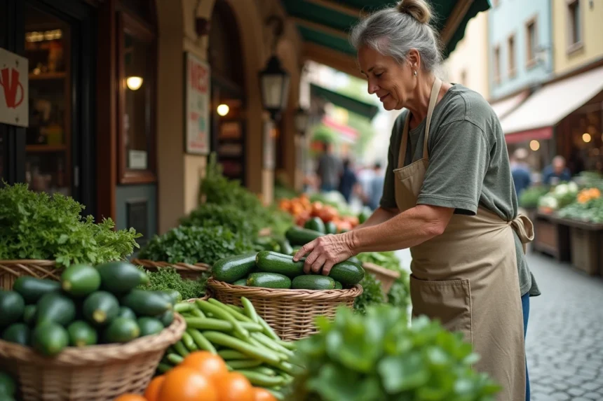 Étal de marché fermier avec légumes en V frais dans des paniers rustiques, vendeuse en tablier de lin