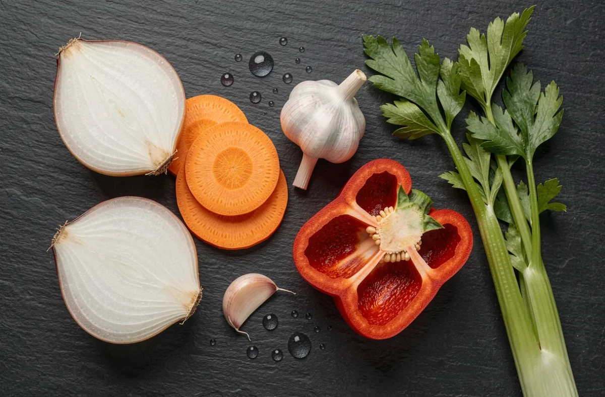 Vue en plat posé de légumes essentiels en cuisine coupés sur ardoise noire : oignon, carotte, ail, poivron rouge et céleri avec détails de texture