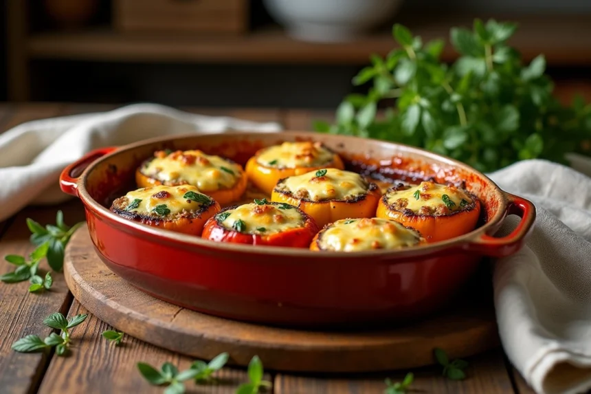 Plat de légumes farcis au fromage fondant dans un plat en céramique rustique posé sur une table en bois