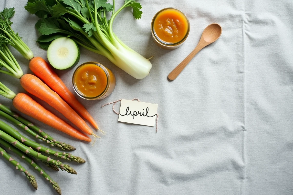 Vue du dessus de légumes de saison d'avril pour purées bébé : carottes, épinards, fenouil et petits pois sur lin gris